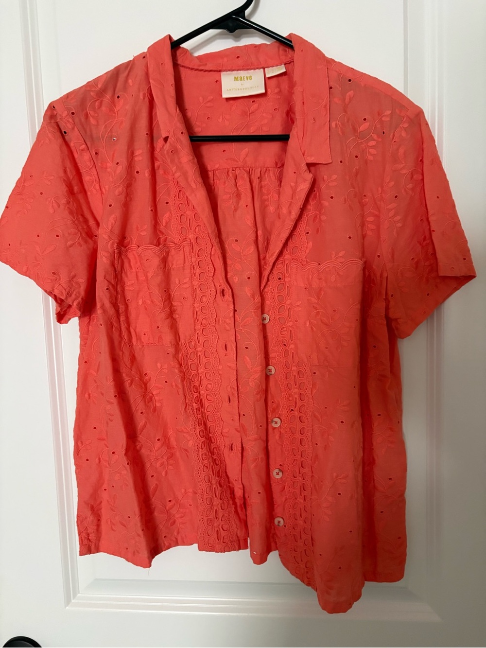 Maeve Coral Eyelet Button-Front Short Sleeve Top 14